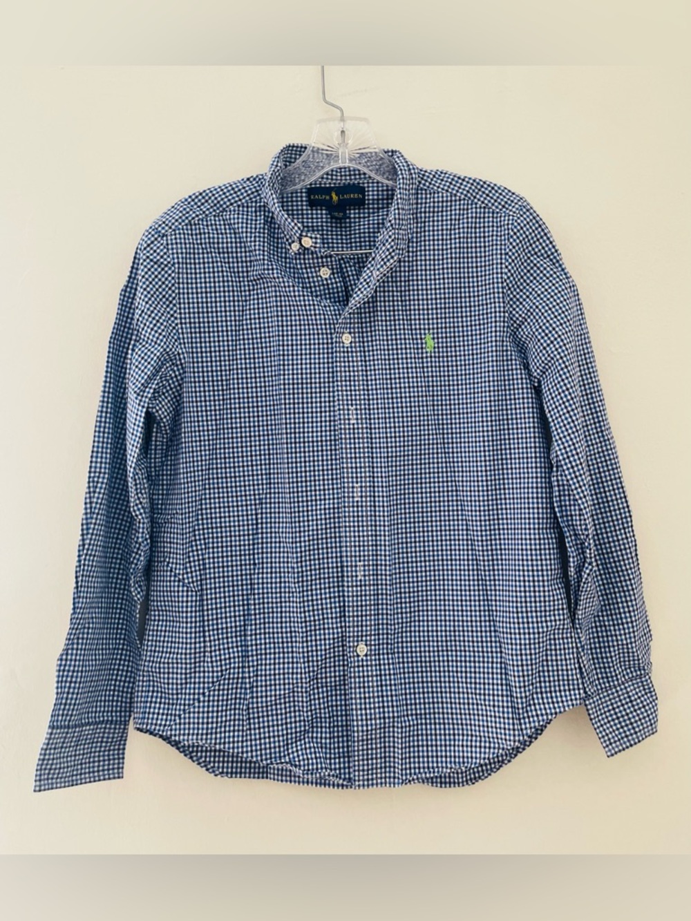 NWOT! Ralph Lauren Boy’s Blue Checkered Gingham Cotton Poplin Shirt Sz L/14-16